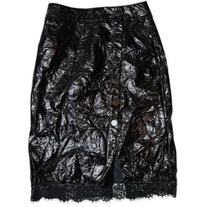 Wet Look Faux Leather Button Front Eyelash Lace Hem Pencil Skirt Small Black